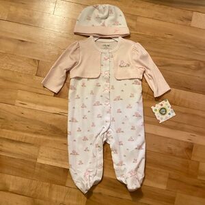 Little Me Footie One Piece with Rabbits and Bows (hat included!) 3M NWT